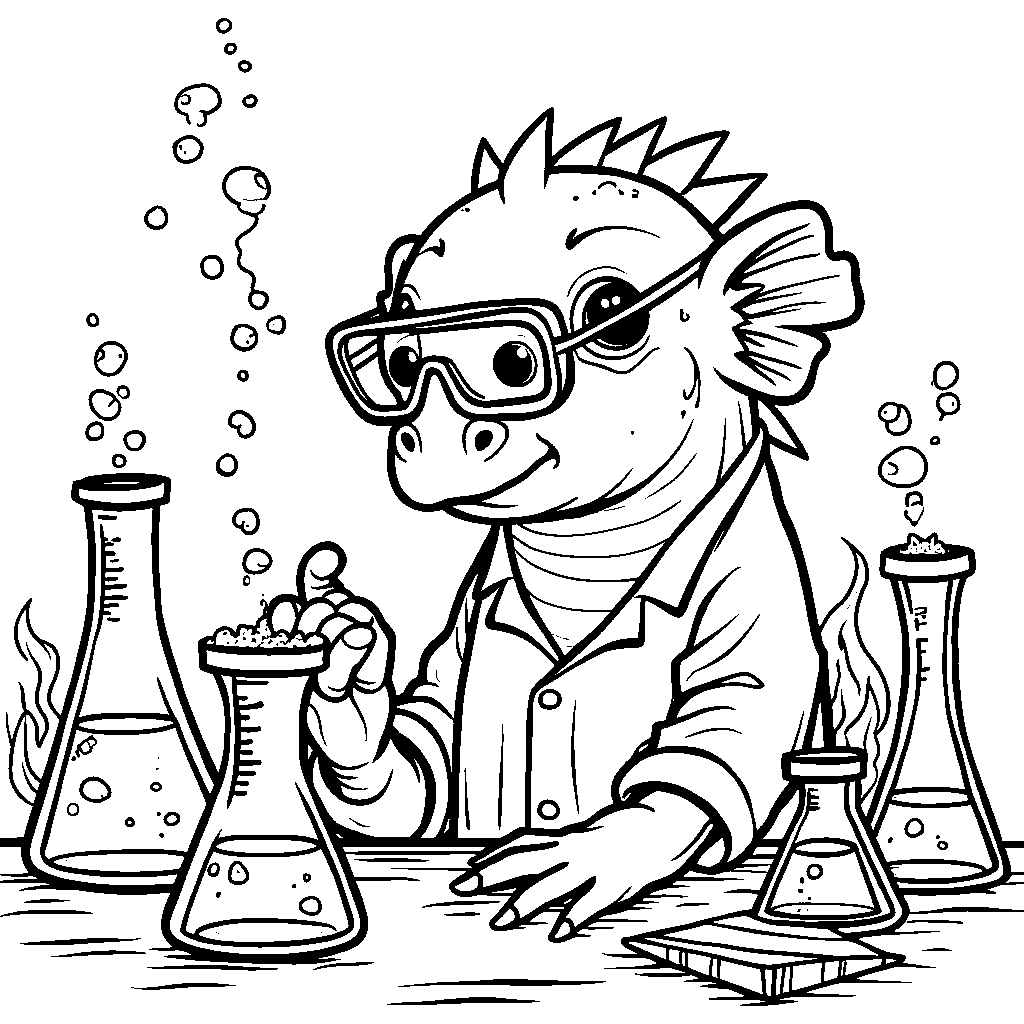 An axolotl in a lab coat conducting a science experiment