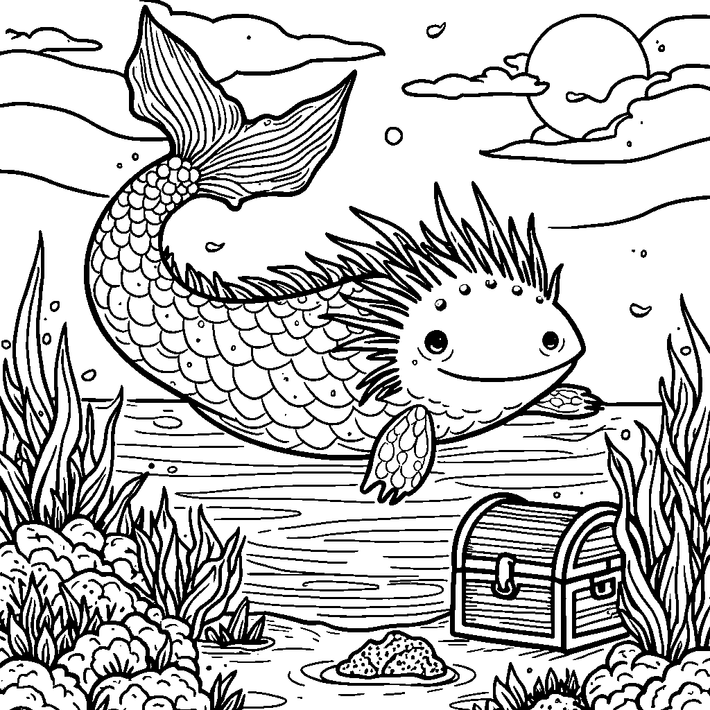 An axolotl in a mermaid tail swimming through a shipwreck