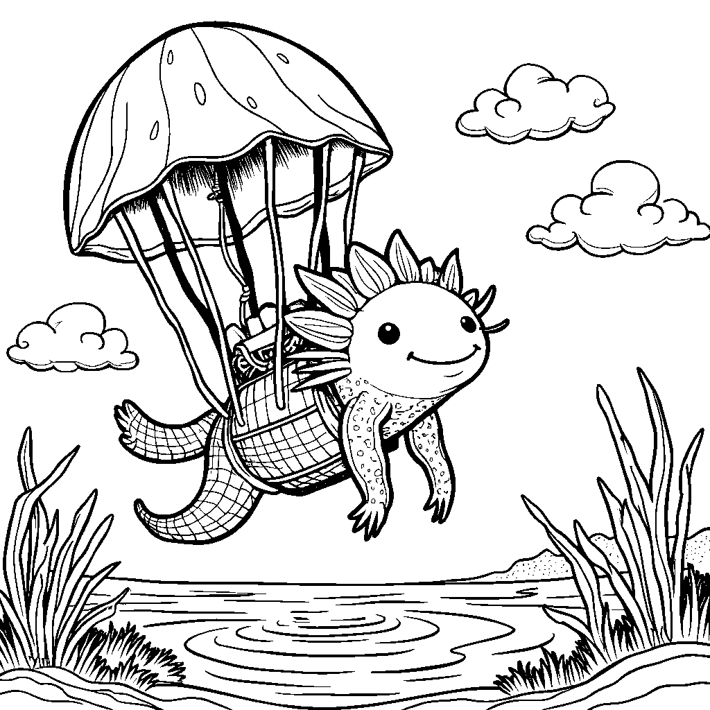 An axolotl riding a giant jellyfish like a hot air balloon