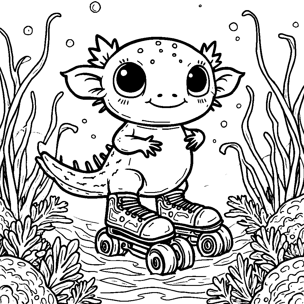 An axolotl wearing a pair of roller skates and gliding through the ocean