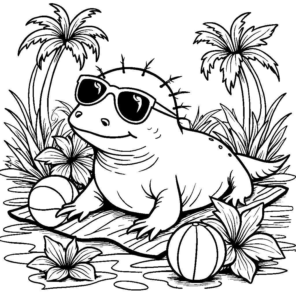 An axolotl wearing a pair of sunglasses and lounging on a beach towel