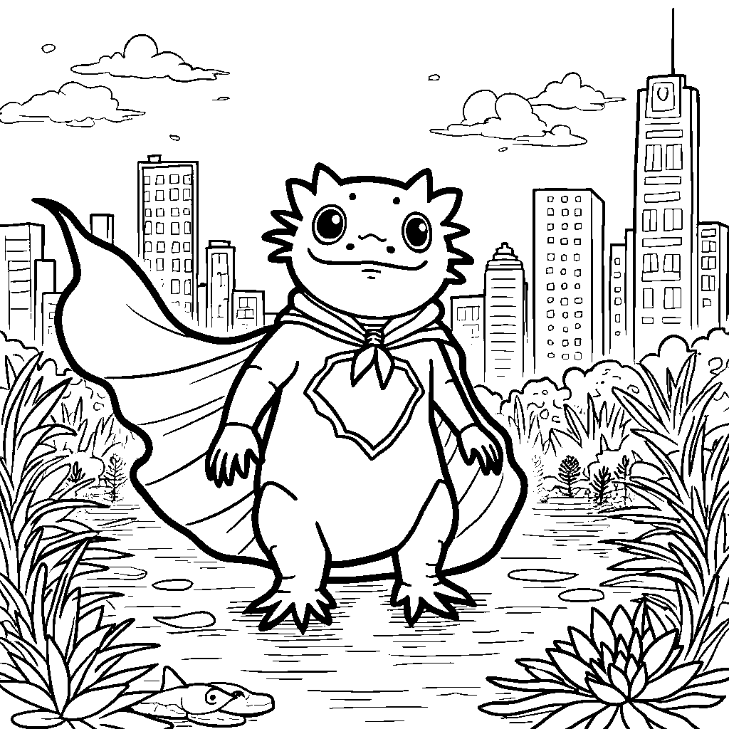 An axolotl wearing a superhero cape and mask