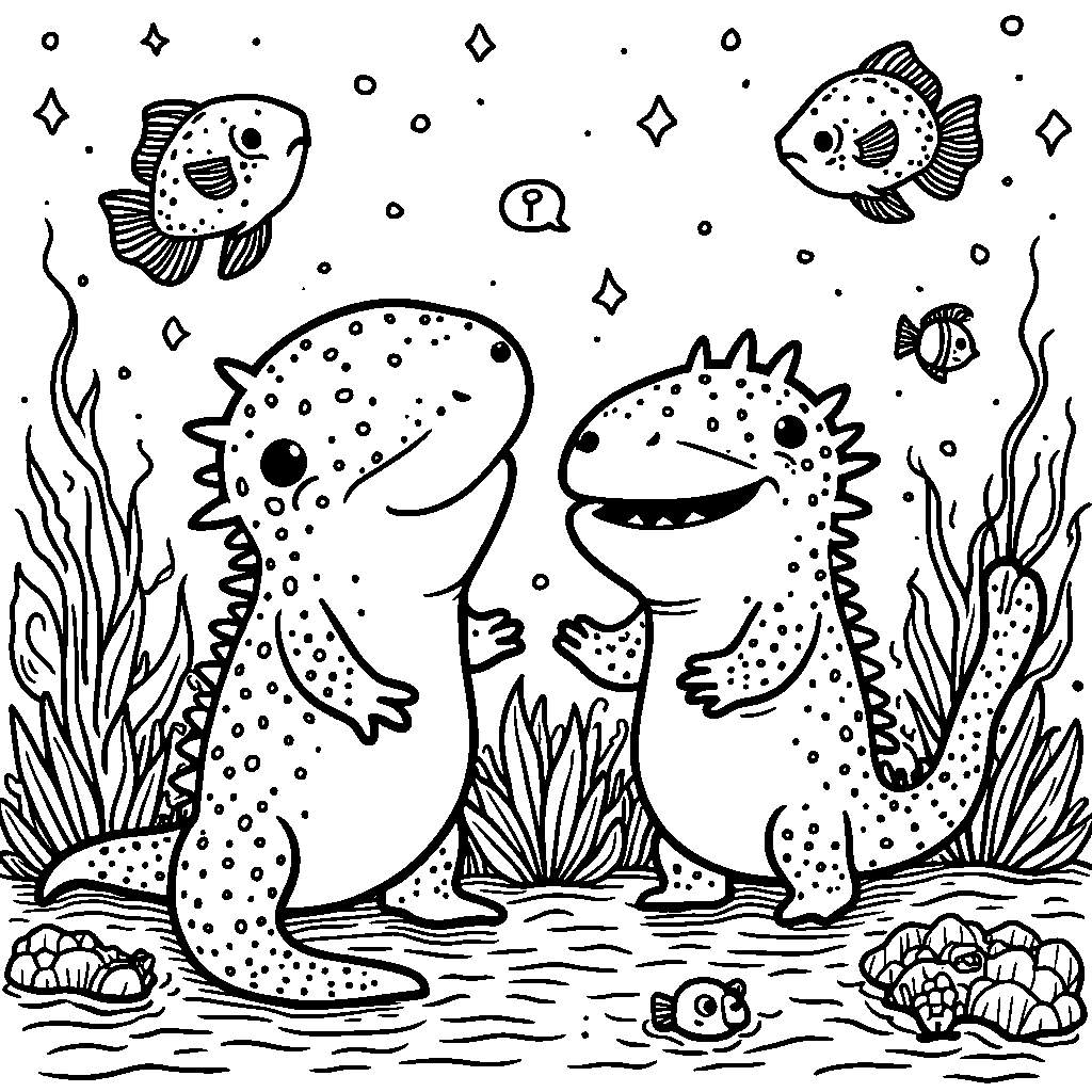 Axolotls having a dance party under the sea