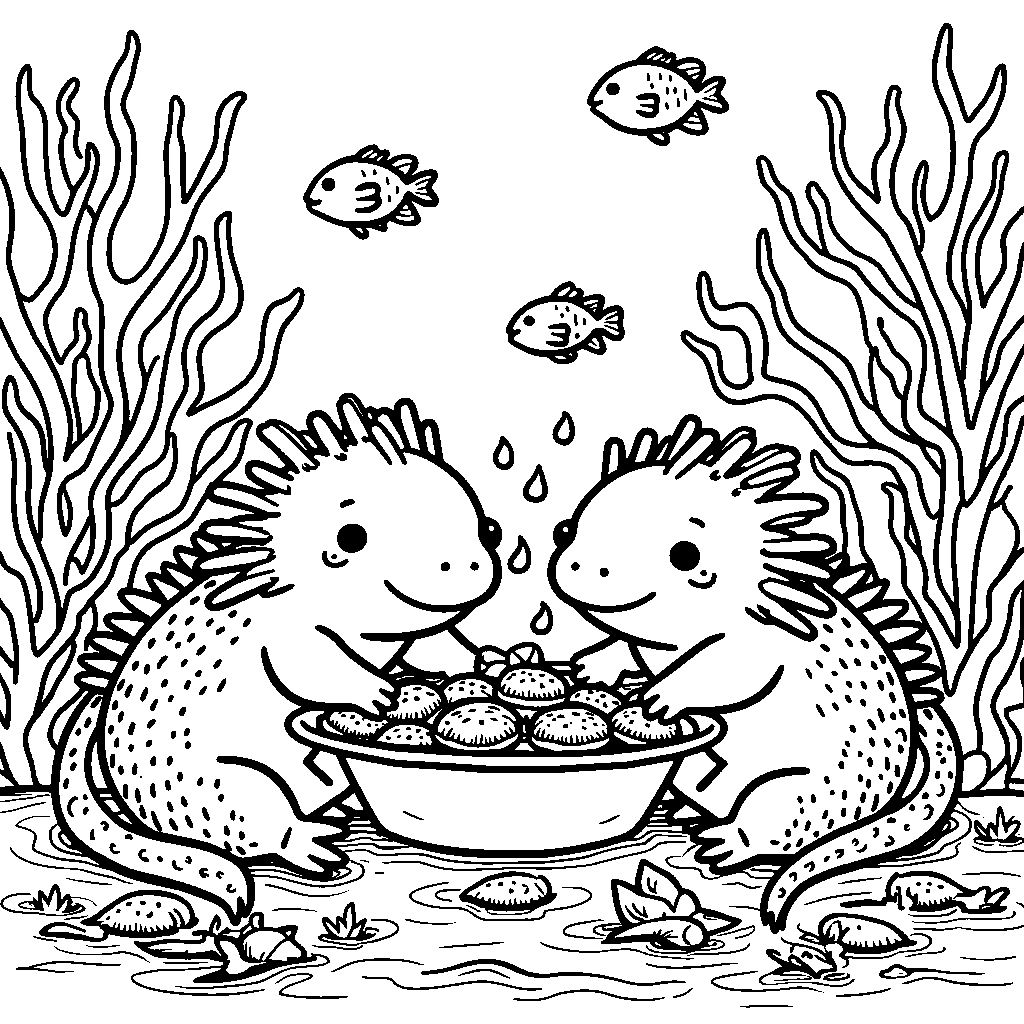 Axolotls having a snack party with fish-shaped crackers