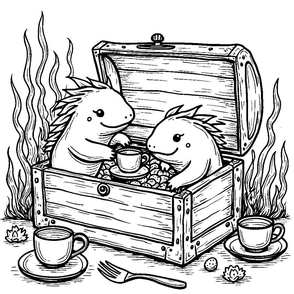 Axolotls having a tea party in a sunken treasure chest