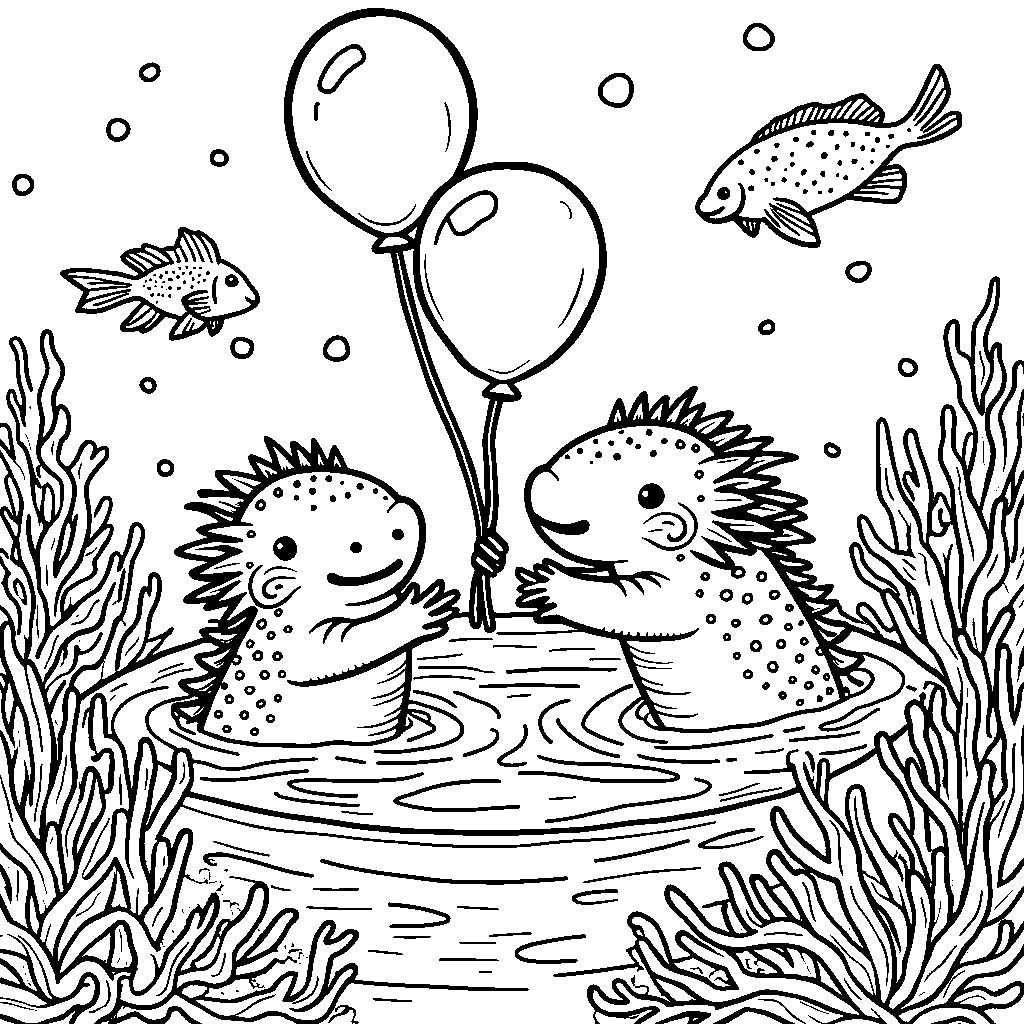 Axolotls having a water balloon fight in the ocean