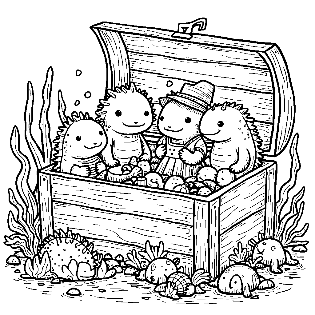 Axolotls playing dress-up in a treasure chest of costumes