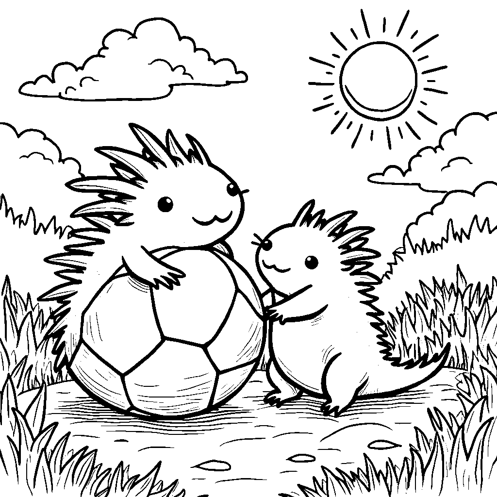 Axolotls playing soccer with a giant beach ball