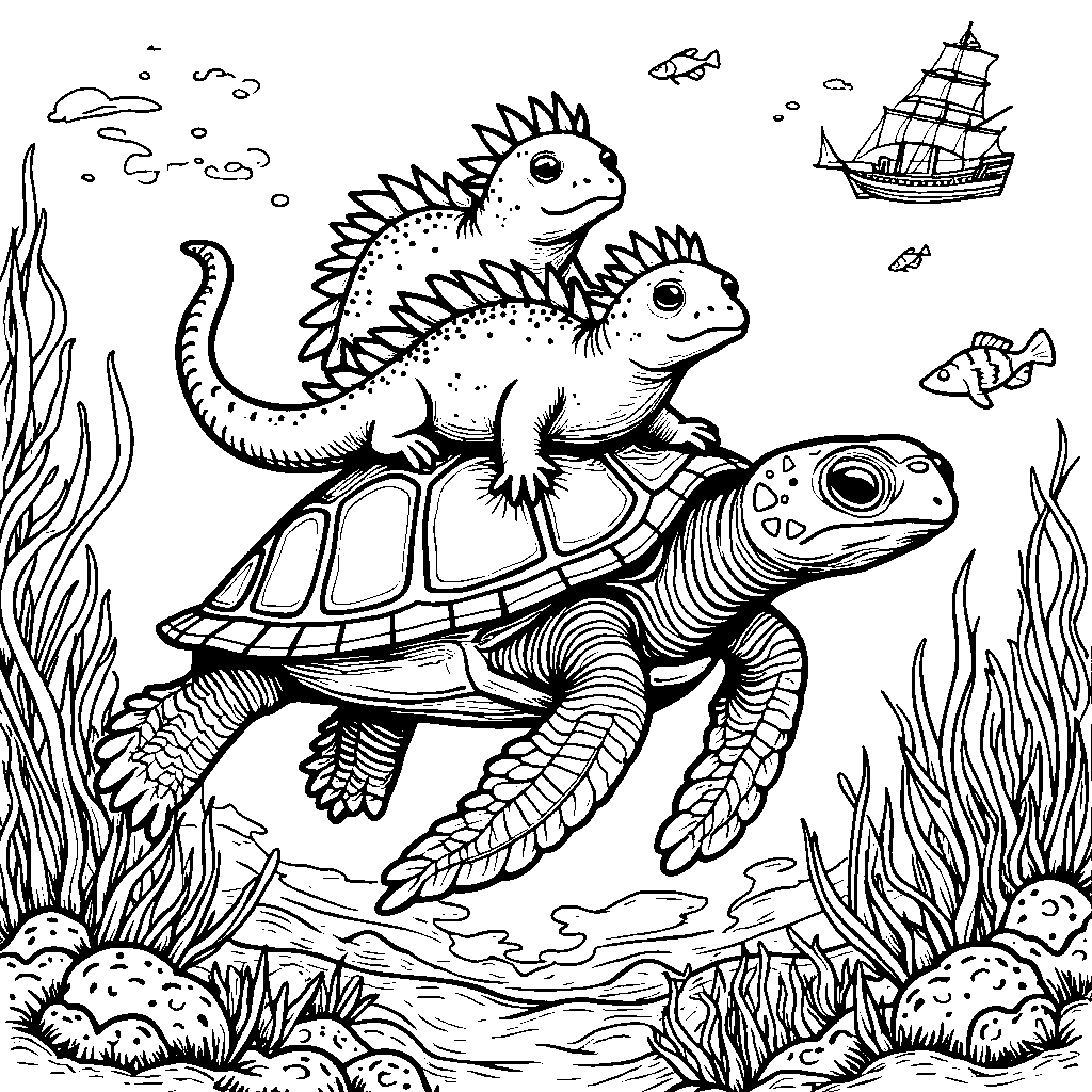 Axolotls riding on the back of a giant sea turtle