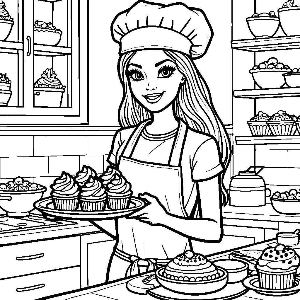 Barbie as a chef baking cupcakes