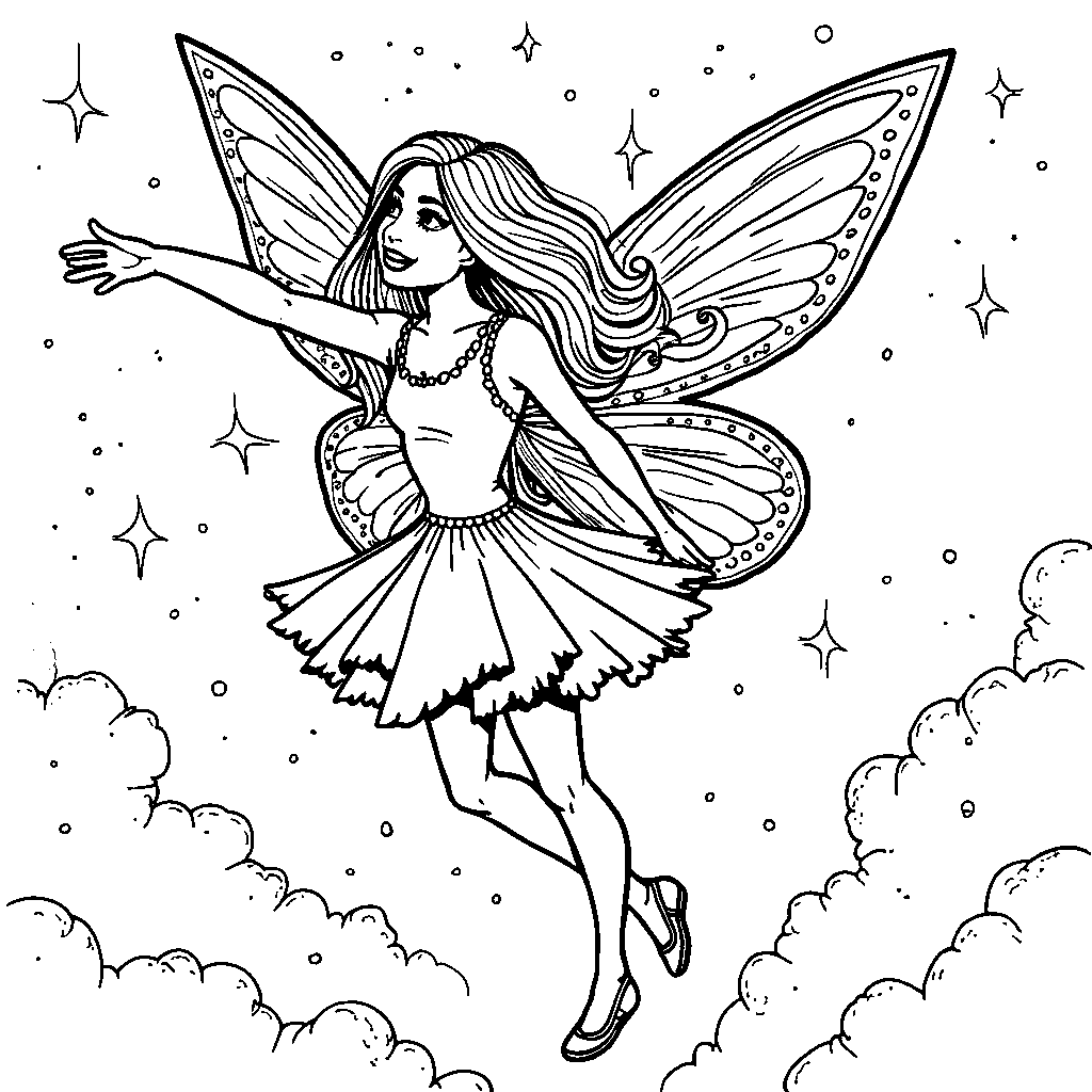 Barbie as a fairy flying through the sky