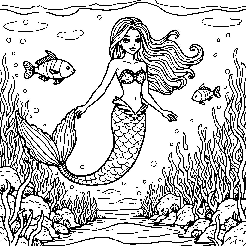 Barbie as a mermaid swimming with fish