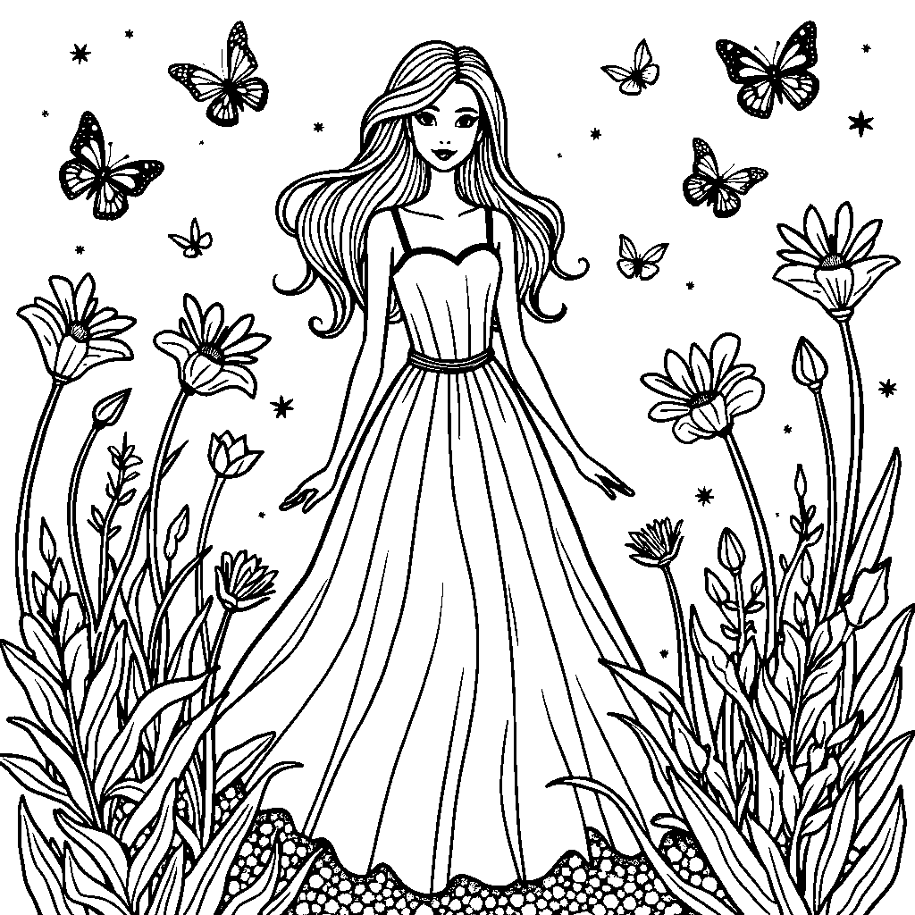 Barbie in a beautiful garden surrounded by butterflies