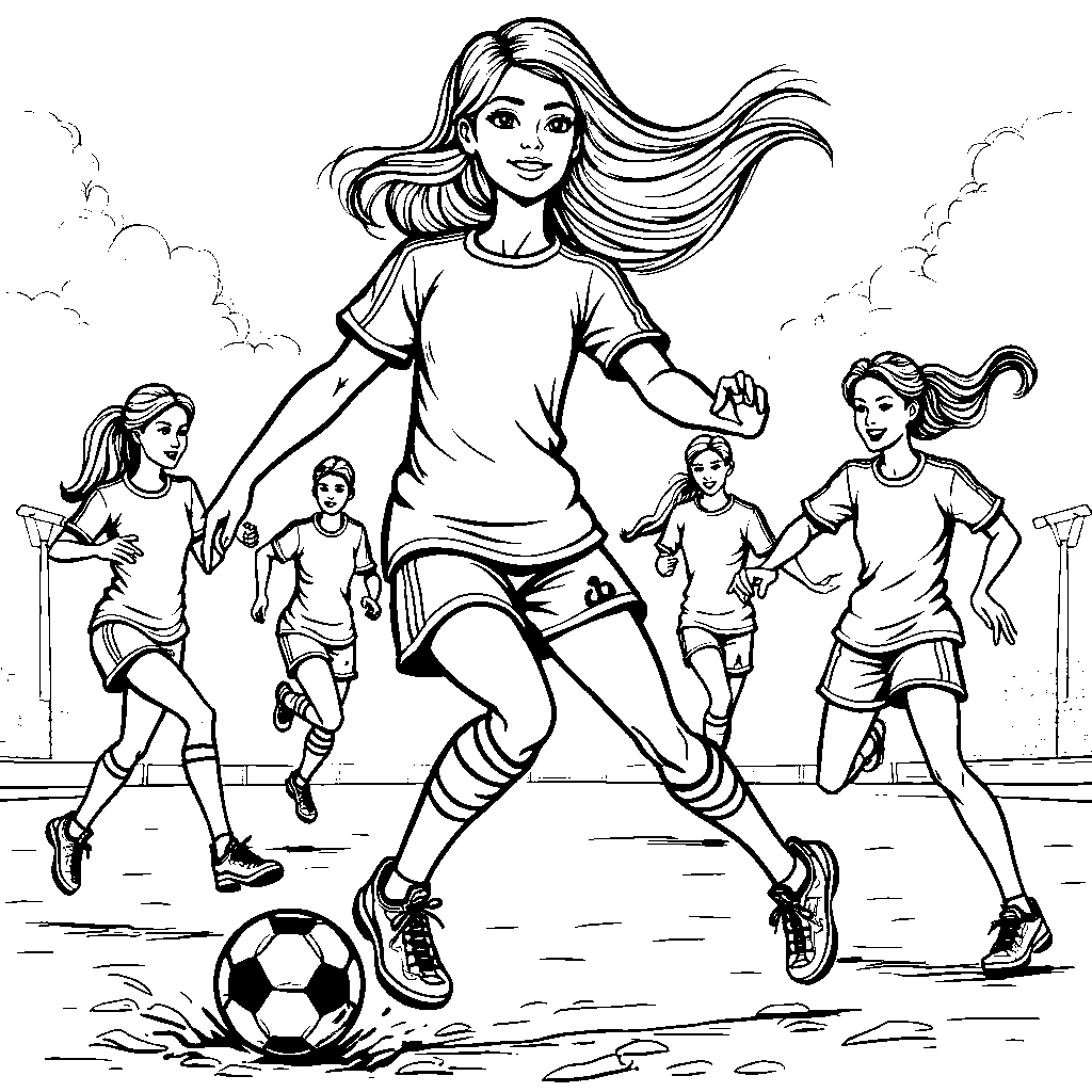 Barbie playing soccer with her teammates