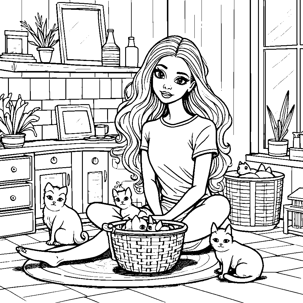 Barbie playing with kittens in a basket