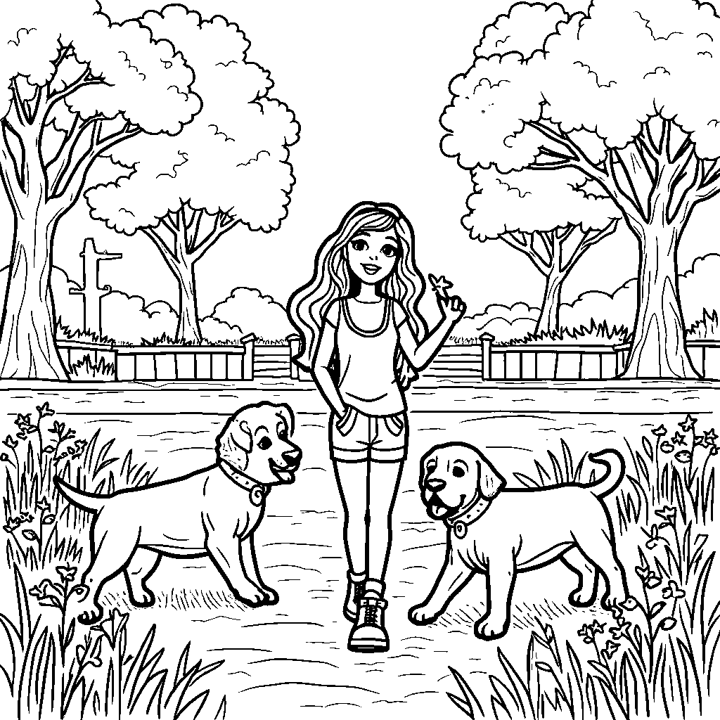 Barbie playing with puppies in the park