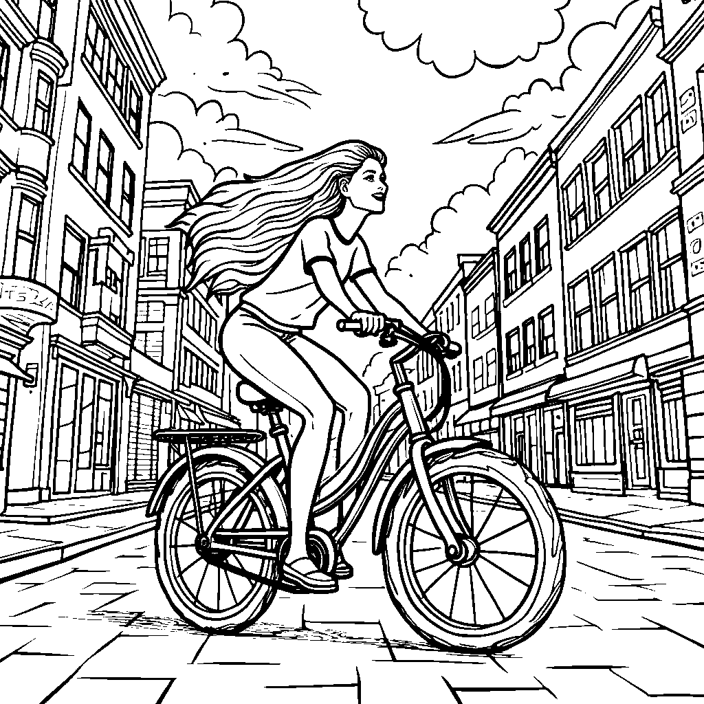 Barbie riding a bicycle through a sunny city