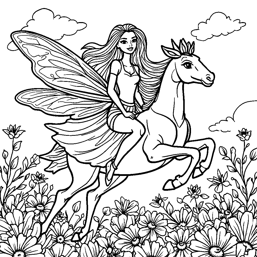 Barbie riding a dragonfly through a field of flowers