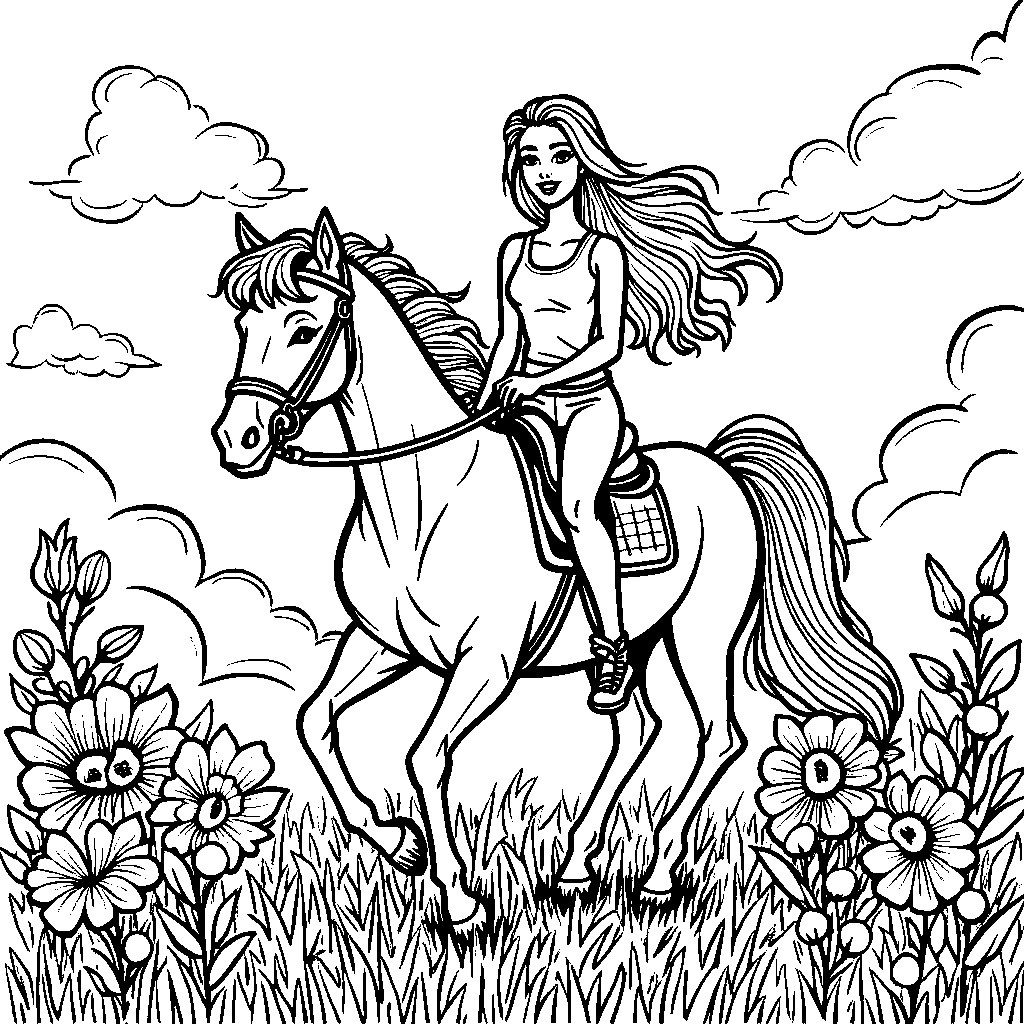 Barbie riding a horse through a flowery meadow