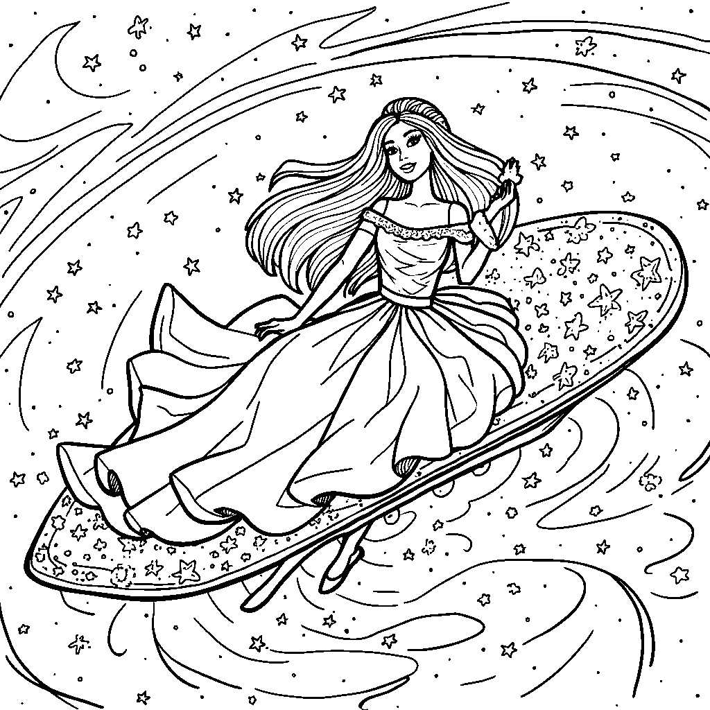 Barbie riding a magic carpet through the stars