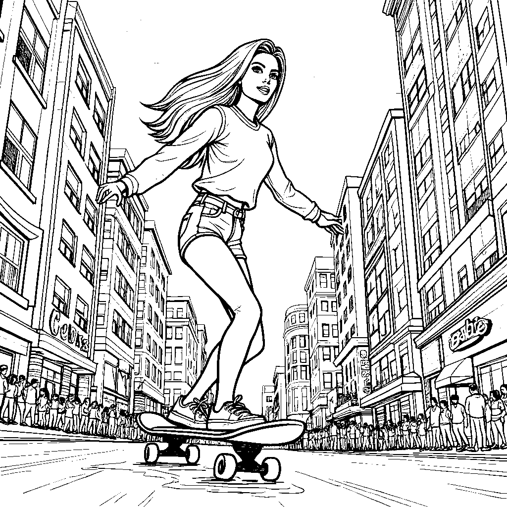 Barbie riding a skateboard through a colorful city