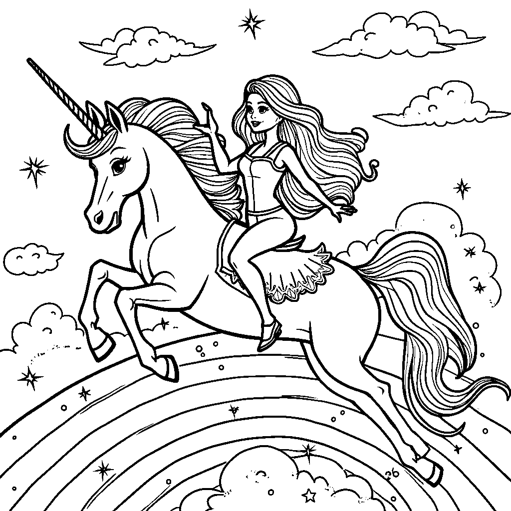 Barbie riding a unicorn on a rainbow