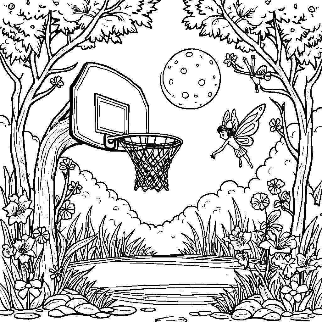 A basketball hoop in a magical forest with fairies flying around