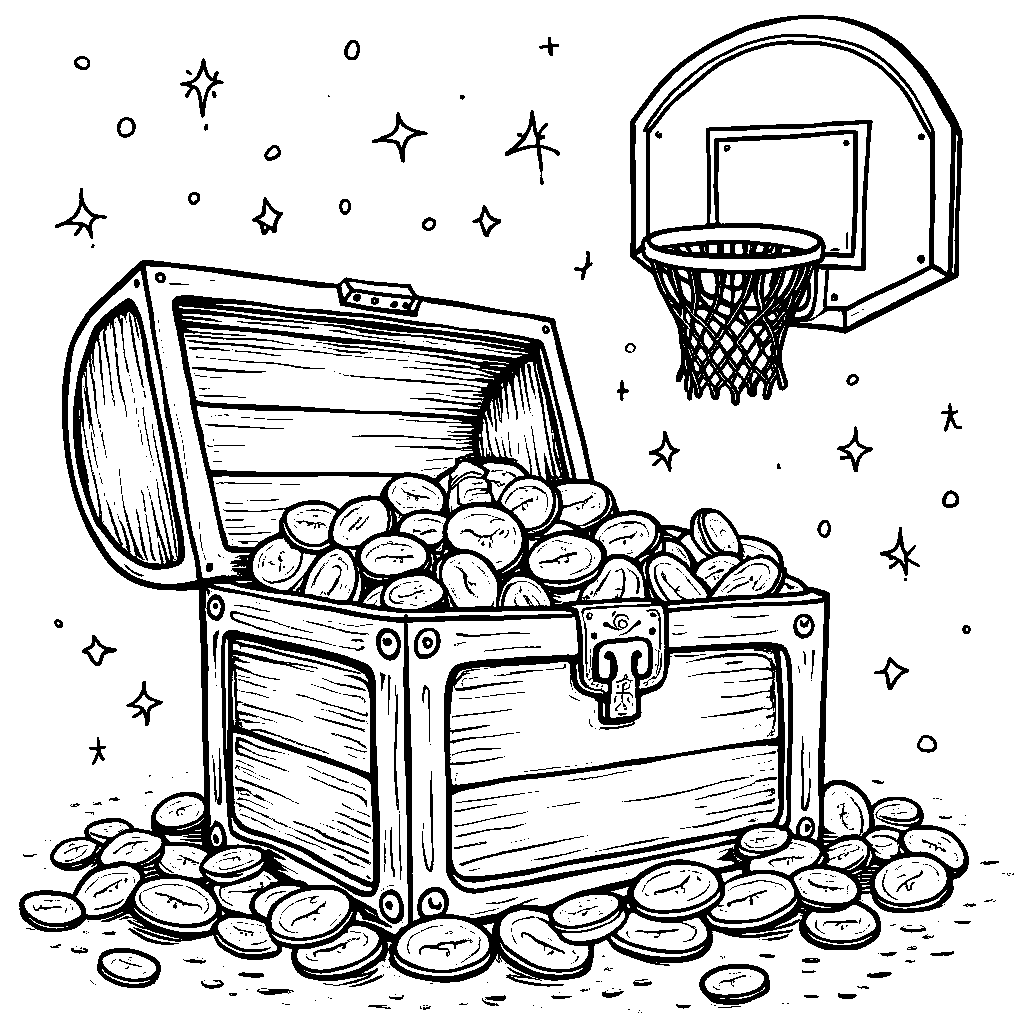 A basketball hoop with a treasure chest underneath