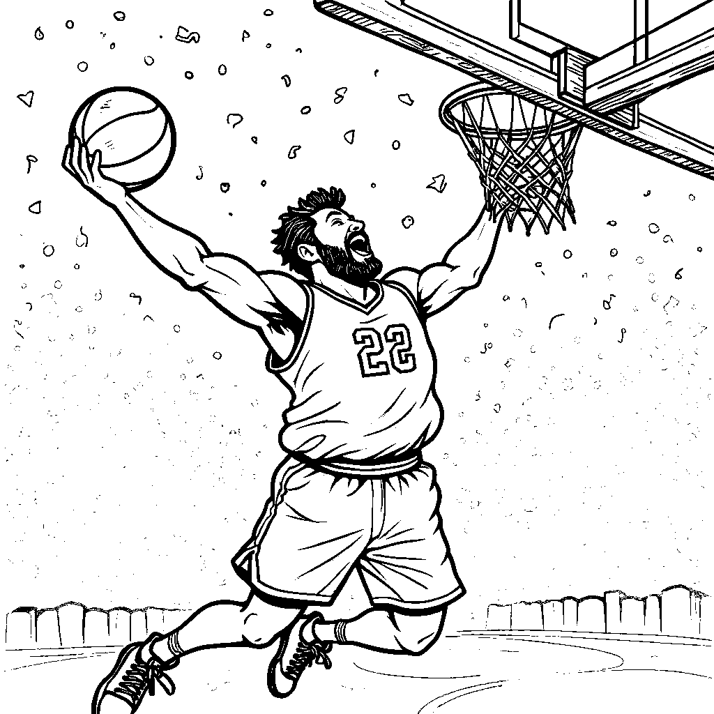 A basketball player dunking with a big smile