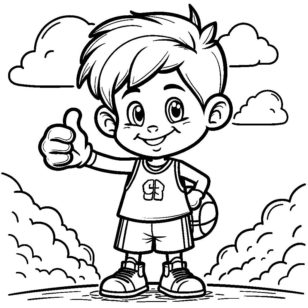 A cartoon basketball character giving a thumbs up