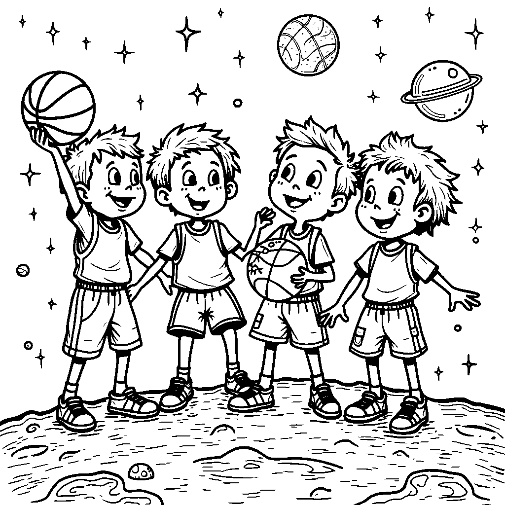 A group of kids playing basketball on the moon