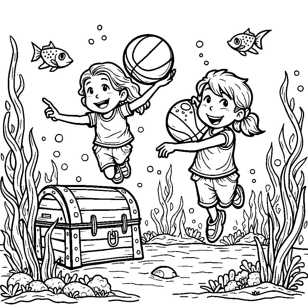 A group of kids playing basketball underwater