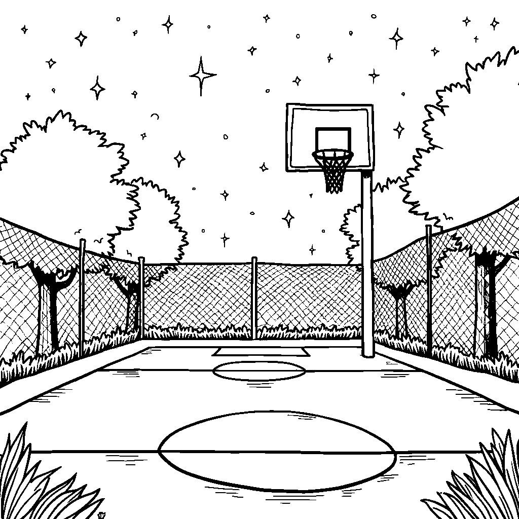 Basketball court at night with stars twinkling above