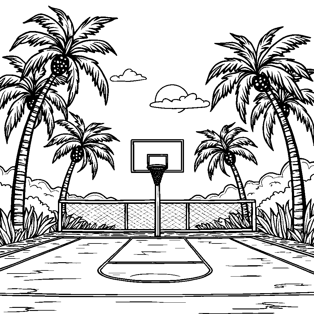 Basketball court at sunset with palm trees in the background