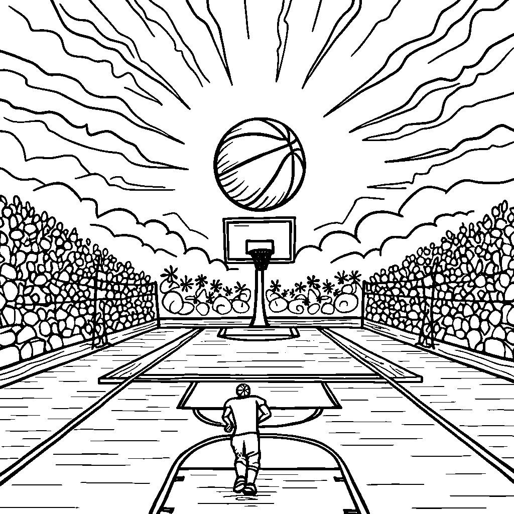 Basketball court with a giant basketball as the sun