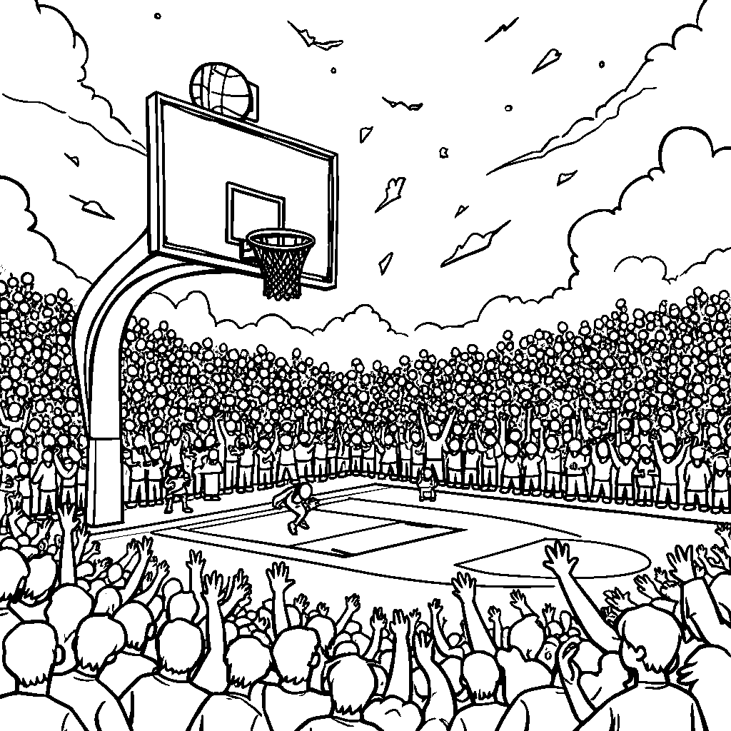 Basketball court with a giant basketball-shaped scoreboard