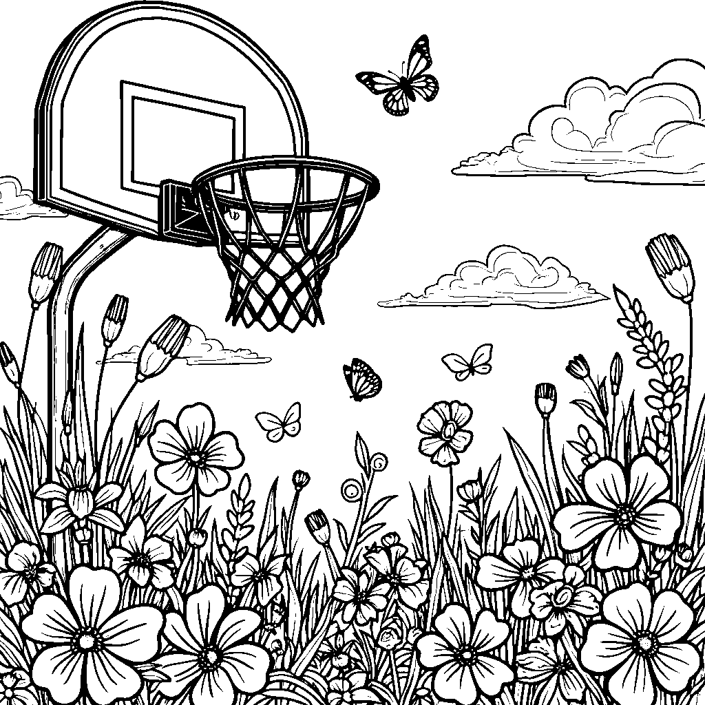 Basketball hoop surrounded by flowers and butterflies