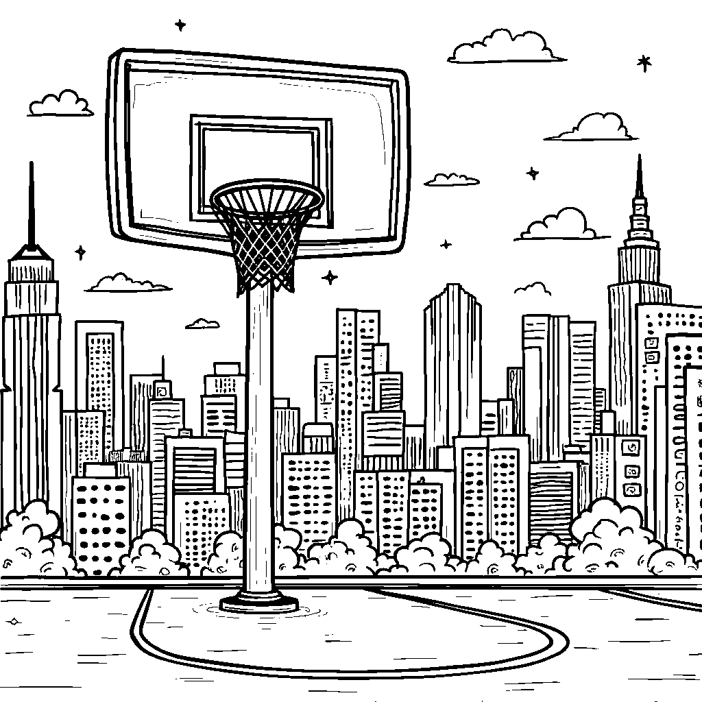 Basketball hoop with a city skyline in the background