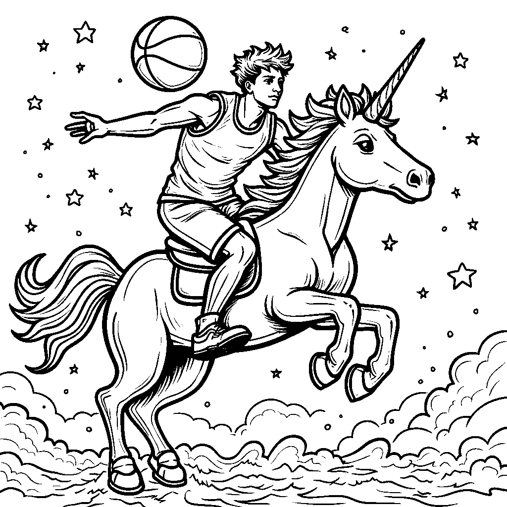 A basketball player riding a unicorn while holding a ball