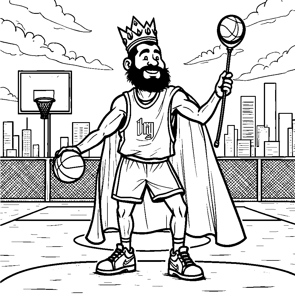 A basketball player wearing a crown and holding a scepter