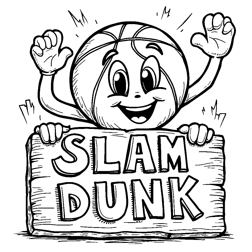 Basketball with a face and arms holding a sign that says 'Slam Dunk'