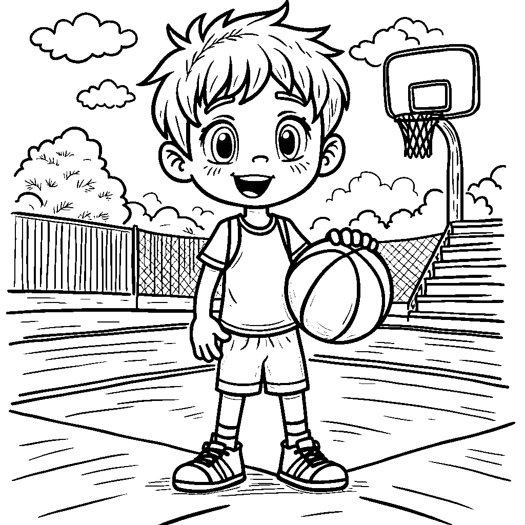 A happy kid holding a basketball and standing on a court