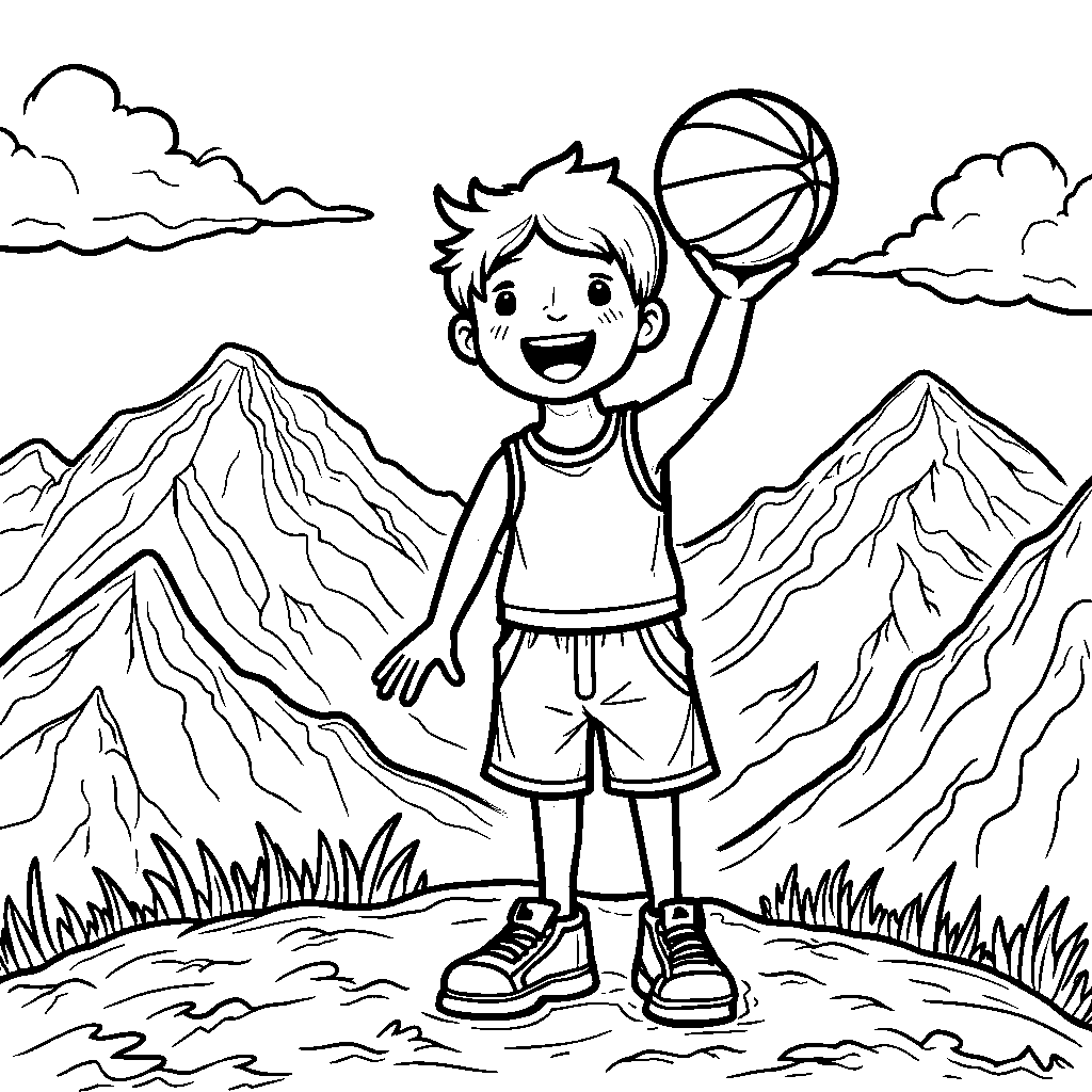 A kid holding a basketball and standing on top of a mountain