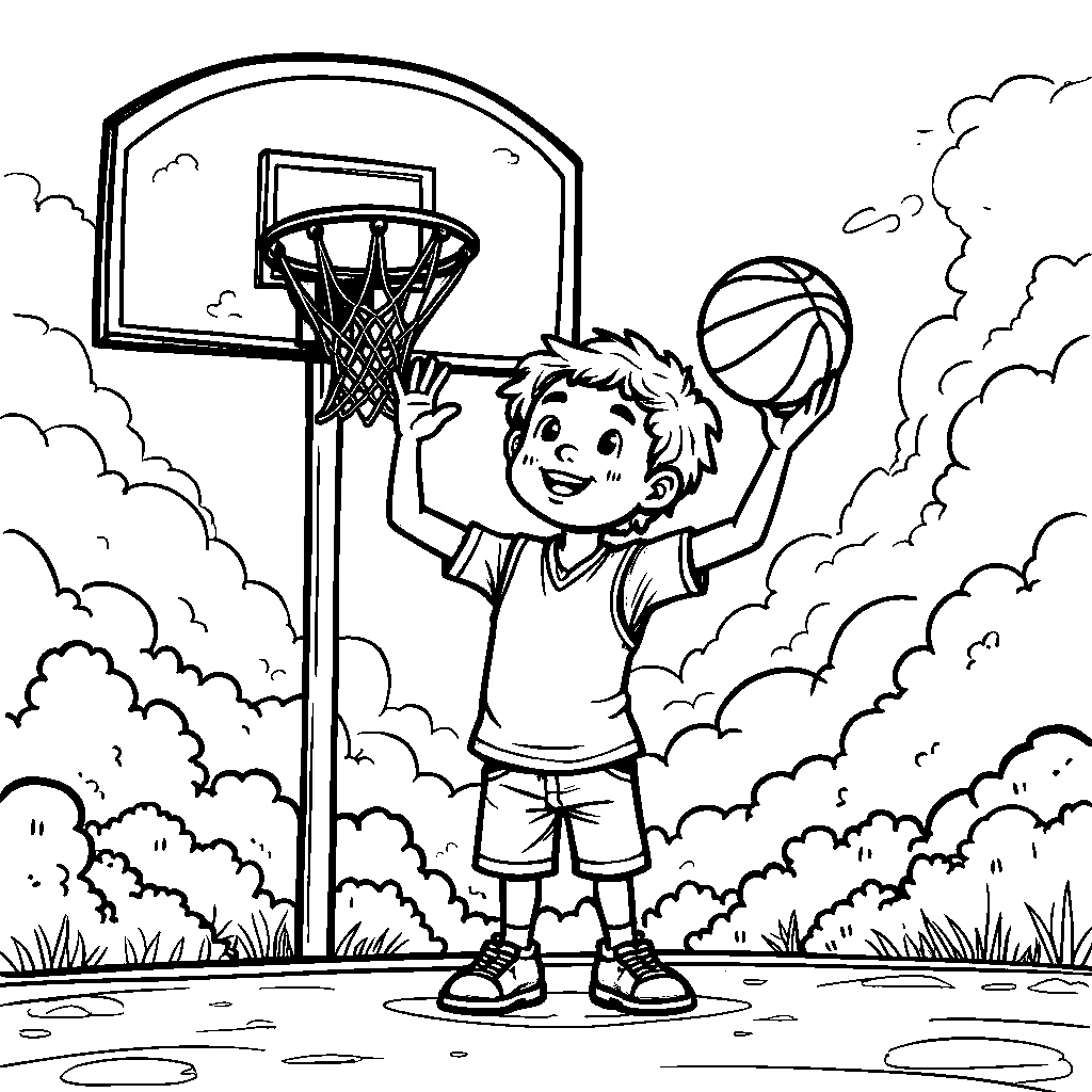 A kid holding a basketball and standing in front of a giant hoop