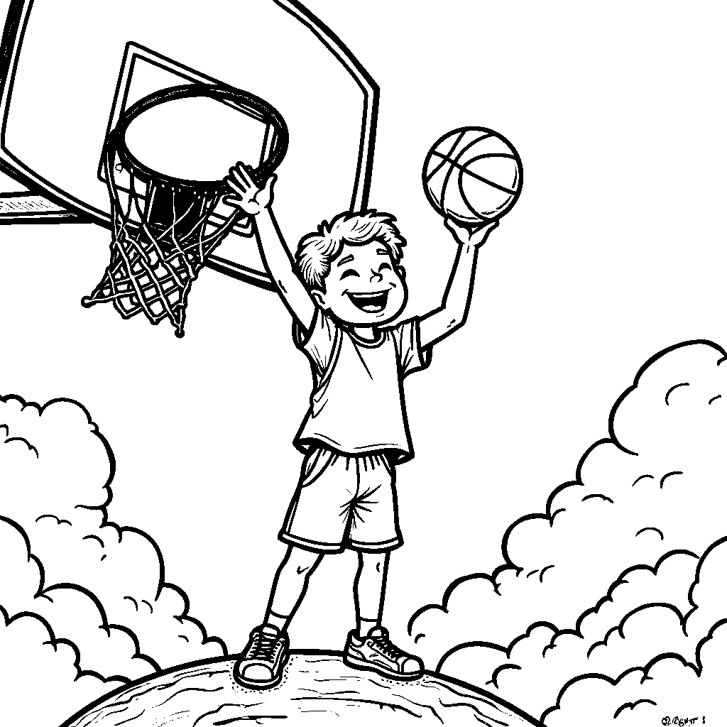 A kid holding a basketball and standing on a giant basketball hoop