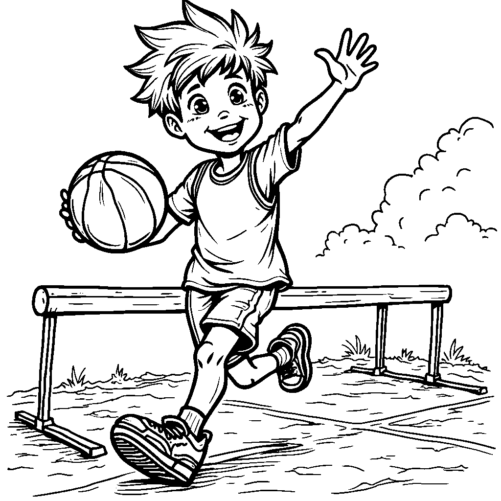 A kid jumping over a hurdle while holding a basketball