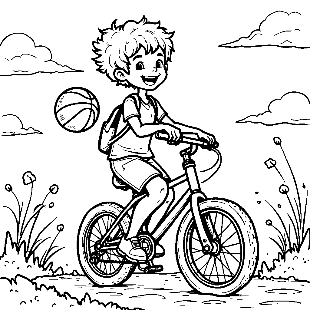 A kid riding a bike while holding a basketball