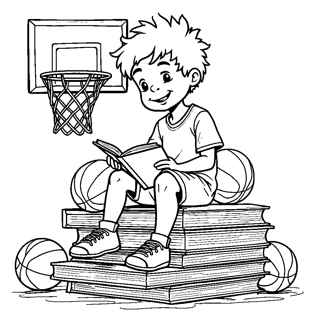 A kid sitting on a basketball hoop reading a book