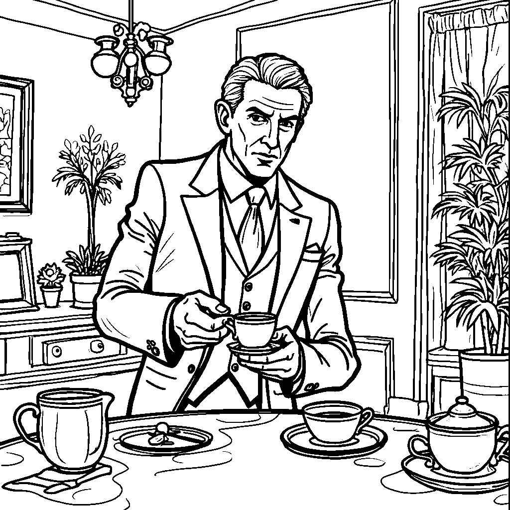 Alfred Pennyworth serving Batman a cup of tea