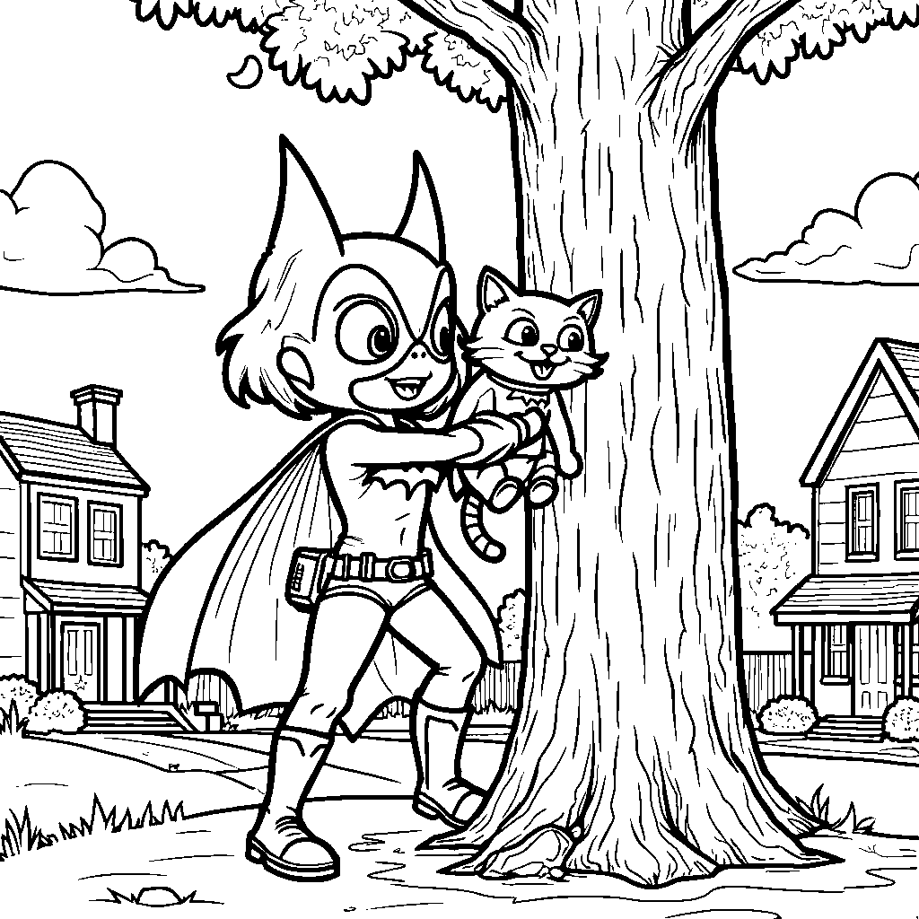 Batgirl saving a cat from a tree